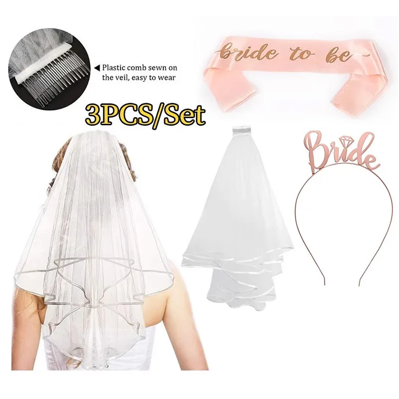 3PCS Bride Sash Veil Bachelorette Party Decorations Kit Veil Sash Tiara Headband Banner Bachelorette Shower Wedding Set
