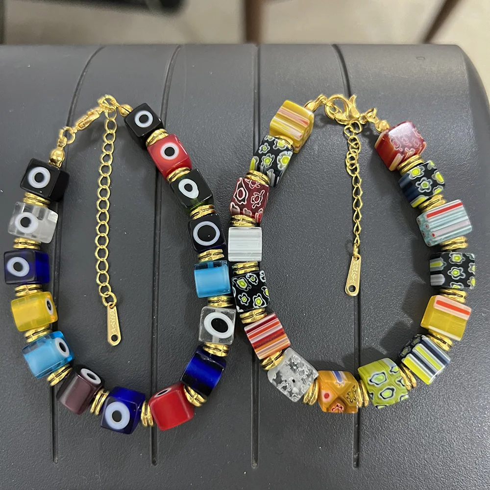 2pcs New Handmade Murano Eye Thousand Flower Glass Bead Bracelet Fashion Bead DIY Chain Adjustable Handstring Jewelry