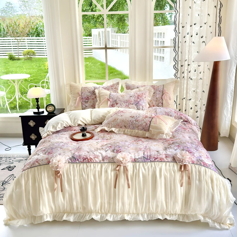 Lace Flowers Princess Bedding Sets Luxury Korean Style 100% Cotton Gift Duvet Cover Bed Skirt Sheet Pillowcases Home Textile