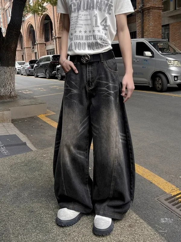 

Мужские джинсы American Street Sle, летние модные свободные повседневные брюки с широкими штанинами, повседневные джинсы с завышенной апейкой