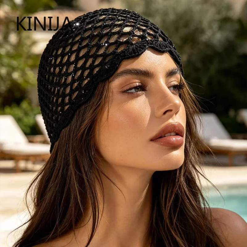 Fashion Hollow Weave Knitted Hat Openwork Solid Color Pullover Hat Breathable Mesh Hat Spring Summer Beret Cap  Retro Beanies