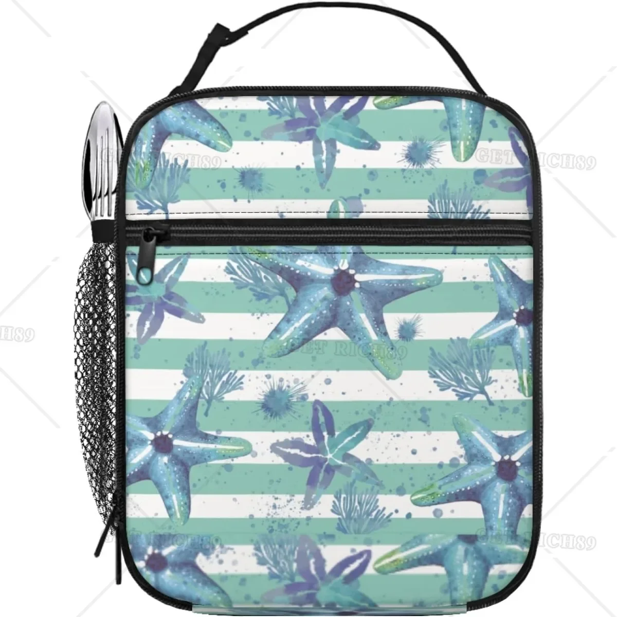 Sea Beach Starfish Lunch Box Summer Blue Stripes Insulated Lunch Bag Leakproof Cooler Lunch Box Reusable Tote for Women Men