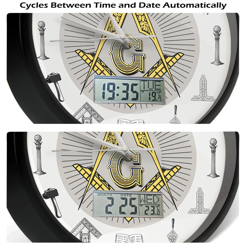Masonic Symbol Wall Clock With Date Week Temperature Display Freemasonry Office Room Home Decor Silent Non Ticking Wall Clock