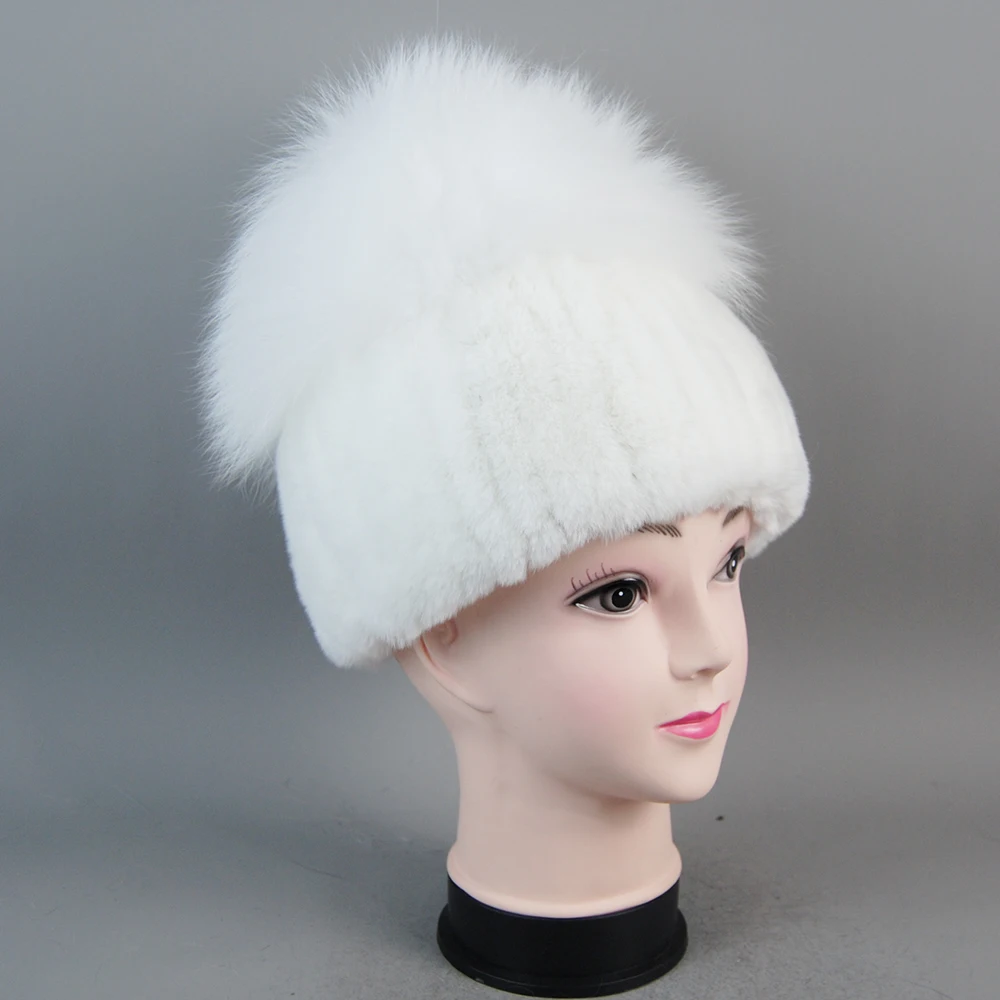 New Women Winter Luxury Real Rex Rabbit Fur Hat Knitted Rex Rabbit Fur Hat Top Natural Fox Fur Cap Genuine Fox Fur Beanies Hat