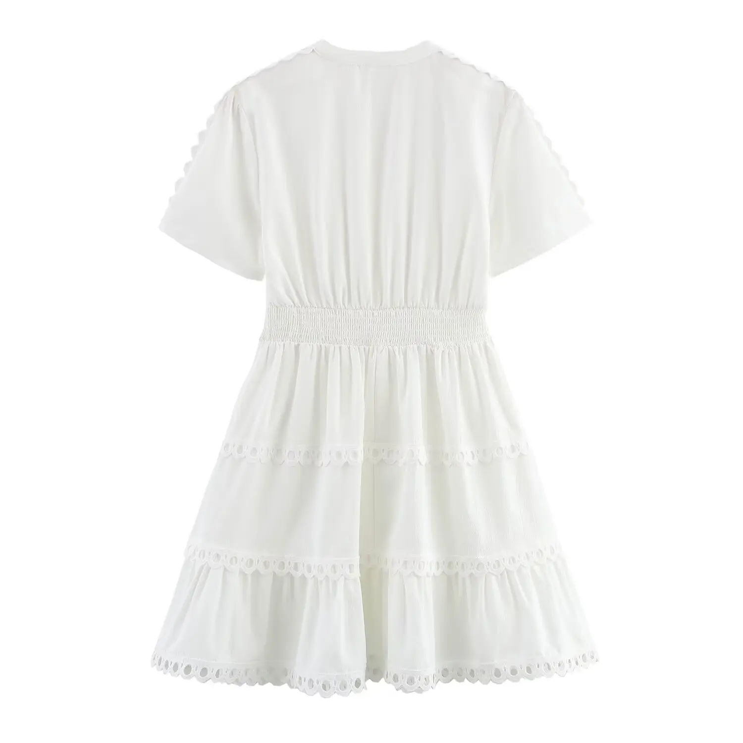 2025 الصيف قصيرة الأكمام المرأة فستان أبيض الخامس الرقبة المرقعة الدانتيل مرونة الخصر ألف خط فساتين بوهو فستان شاطئ قصير غير رسمي