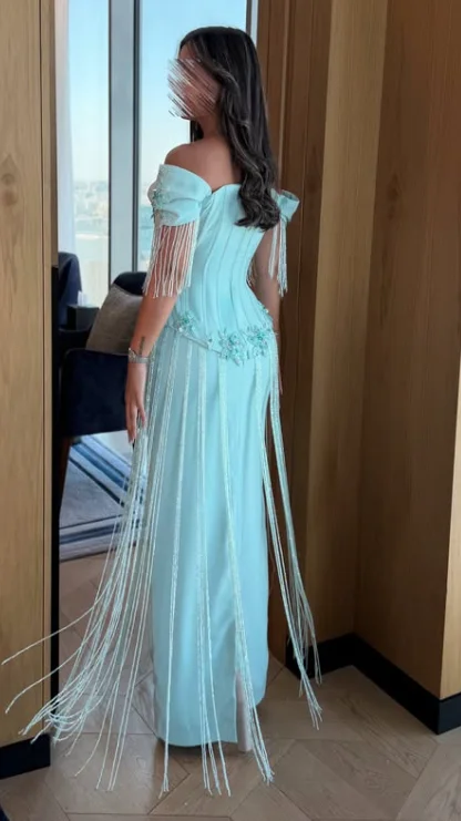 Custom Off-the-Shoulder Mermaid Party Gowns Mint Green Floral Beaded Long Tassel Fringe Women Formal Evening Dresses