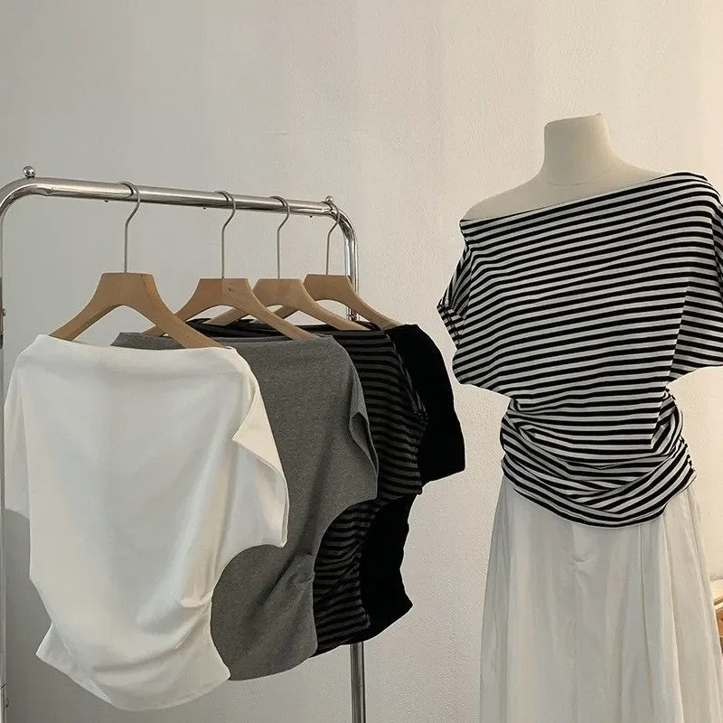 Summer New Top One Shoulder Striped Slanted Shoulder Side Pleated T-shirt Trendy