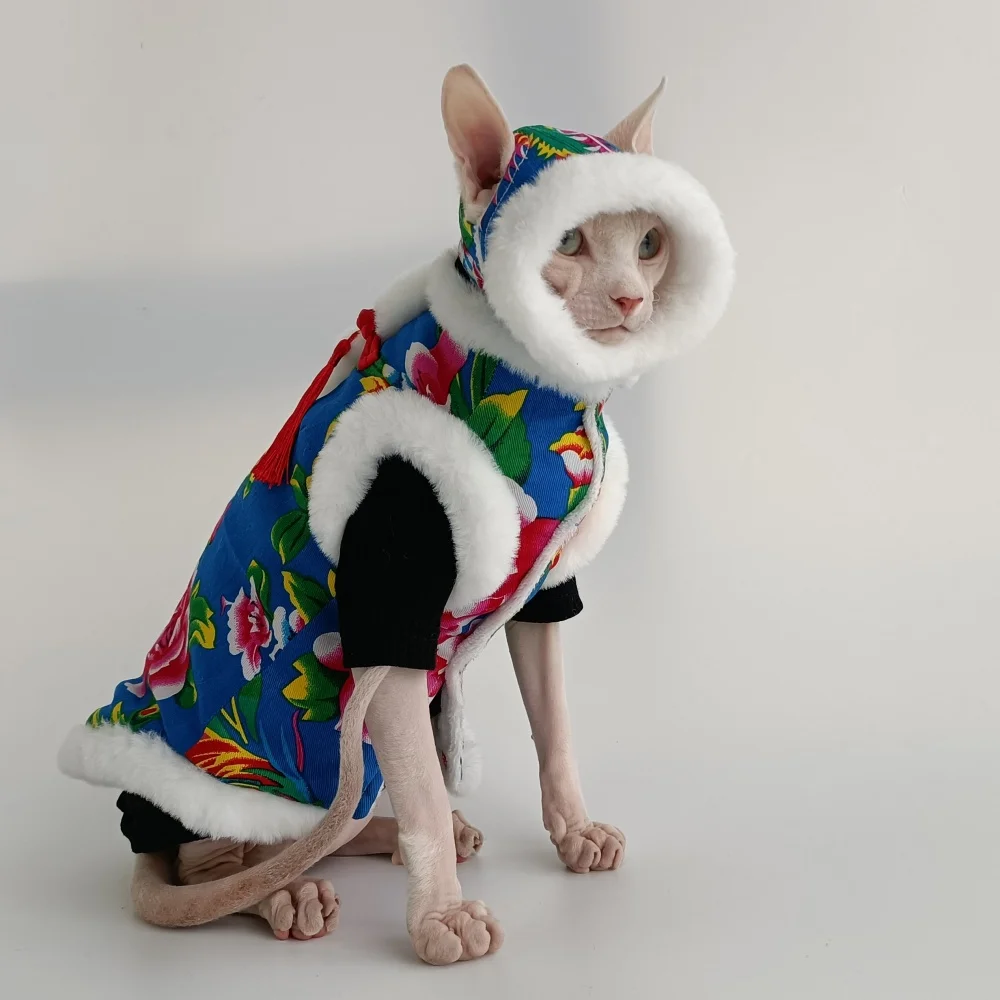 New Year Suit for Cat Traditional Chinese Costumes Warm Cheongsam Cotton Jacket for Sphynx Cat Thick Winter Vest for Kittens