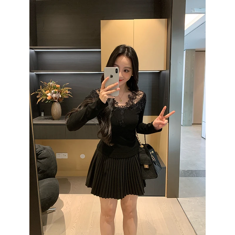 

Slimming Effect Winter Knitted Top Women's Base Layer Aosphere Sense Lace Trim T-irt Long Sve U-Neline Regular Length