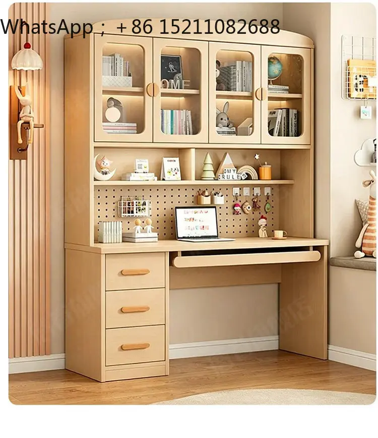 LLY Wooden Desk, Bookshelf, Bookcase Integrated Desk, Simple Home Bedroom Computer Study Desk 4