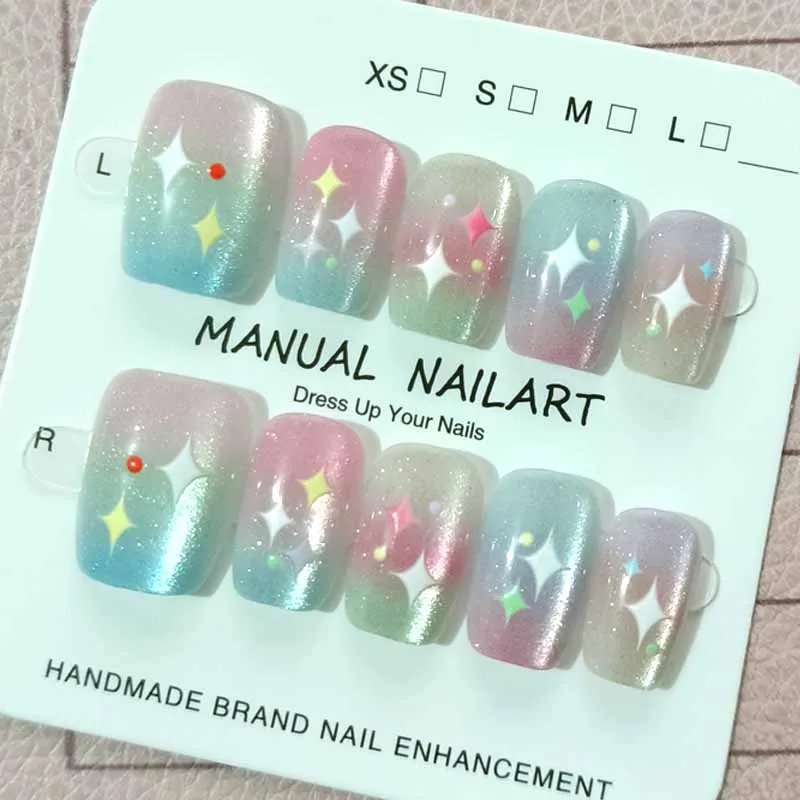 10Pcs Rainbow Dopamine Dreamy Starry Cat Eye Handmade Press on Nails Korean Style Trend Hand Drawn Nail Art Detachable Nail Tips