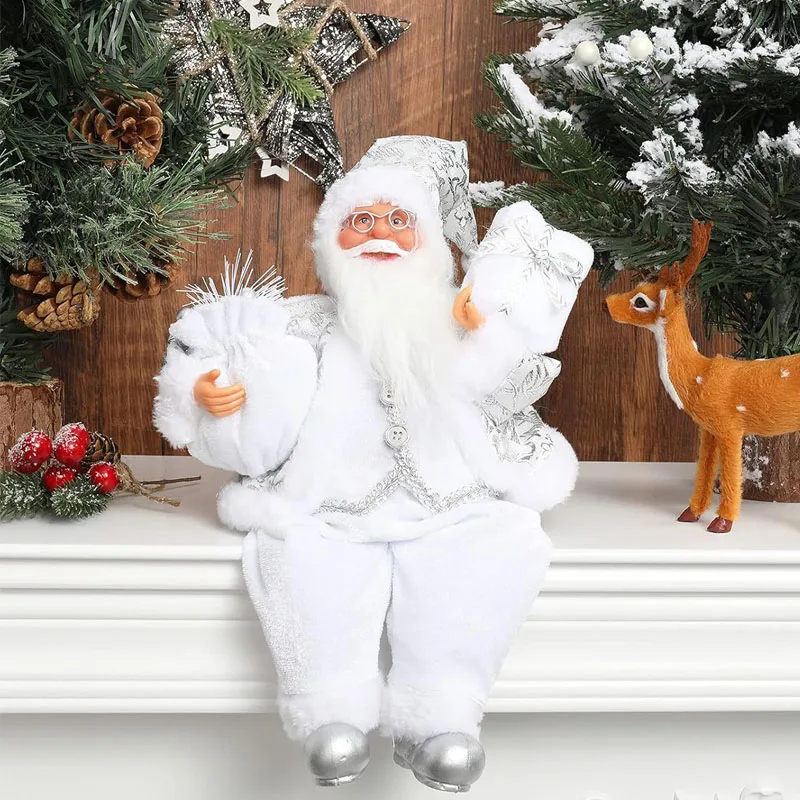 

35CM White Santa Claus Sitting Statue Handmade White Silver Coat Christmas Decoration Home Christmas Party Decoration Gift