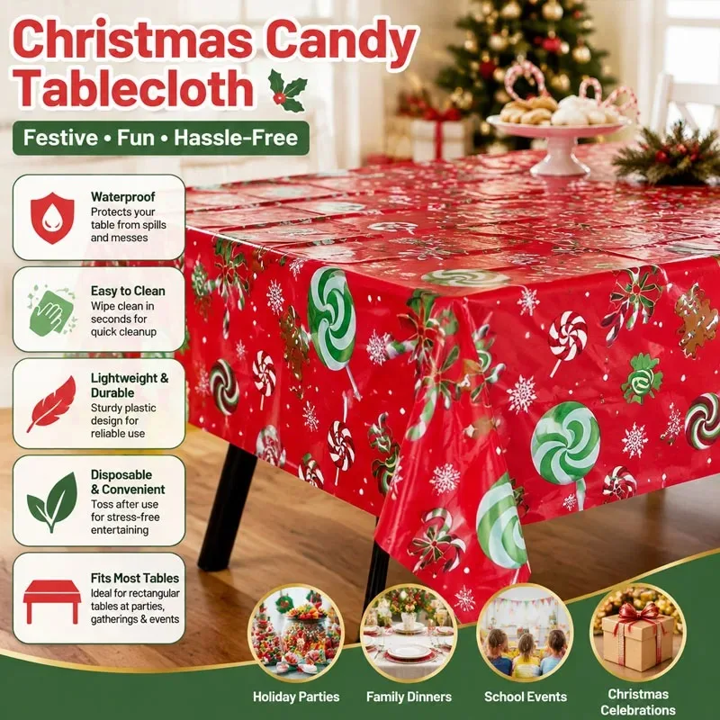 Disposable Waterproof Christmas Theme Party Tablecloth with Candy Print, Perfect for Holiday Party Background Decoration.