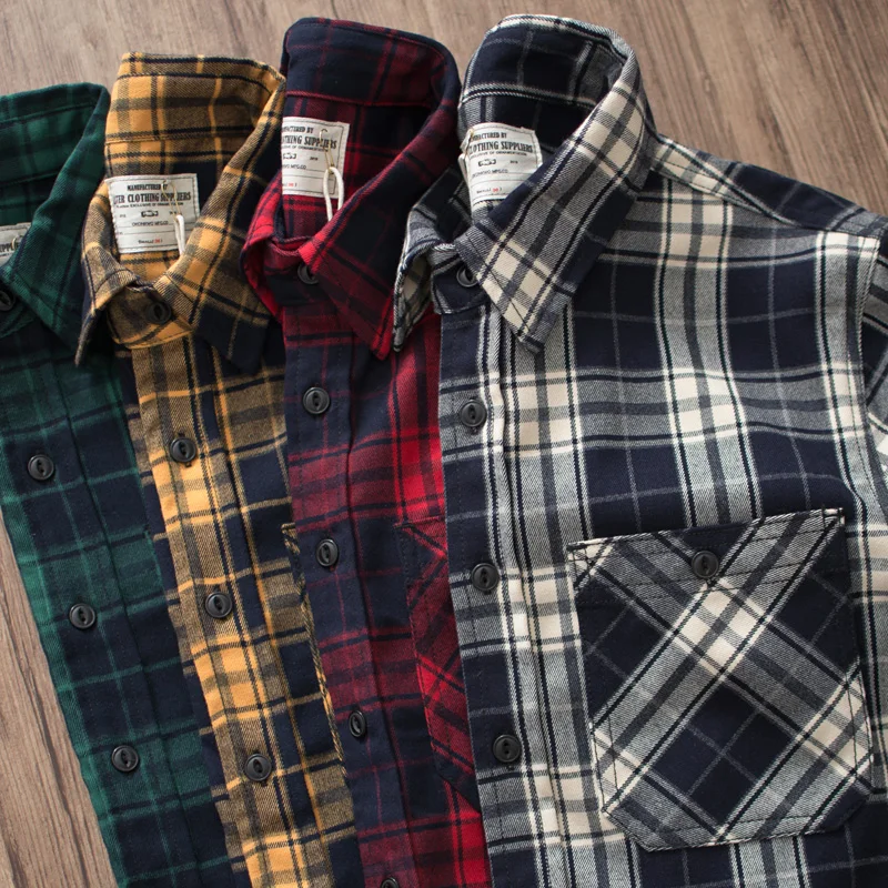 Thickened 300g American Retro Plaid Shirt Trendy Ameikakaji Double Pocket Workwear Long Sleeve Men's Shirt Standard Fit Youth...