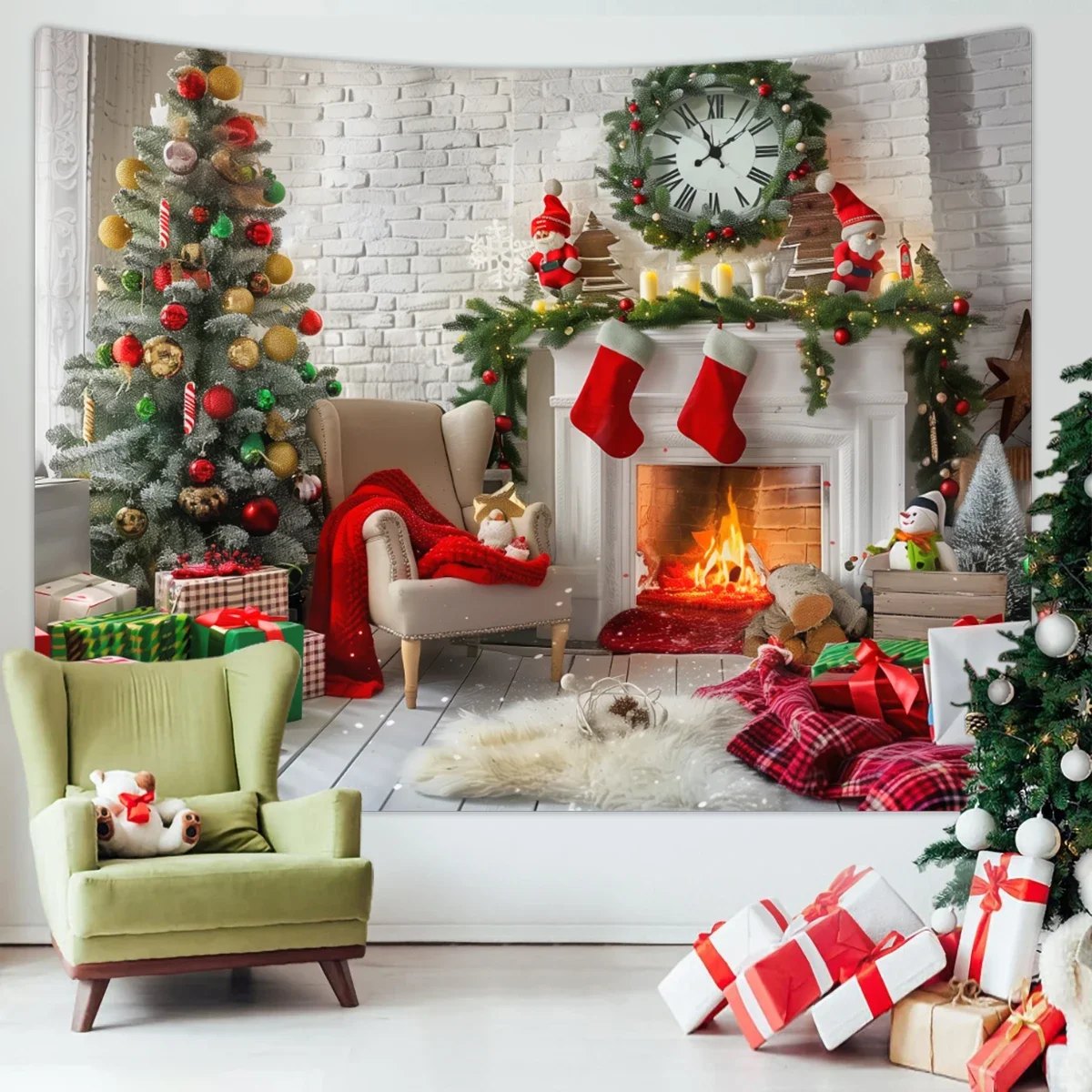 Christmas Tapestry, Christmas Tree Fireplace, Warm, Beautiful, Romantic Christmas Decoration Poster Tapestry