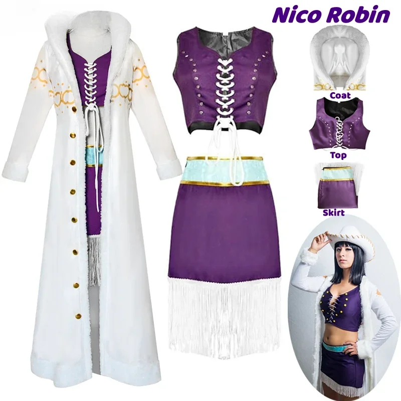 

Nico Robin Cosplay Costume Anime One Piece Purple Dress Uniform Long Fur Collar White Cloak Punk Outfit Halloween for Adult