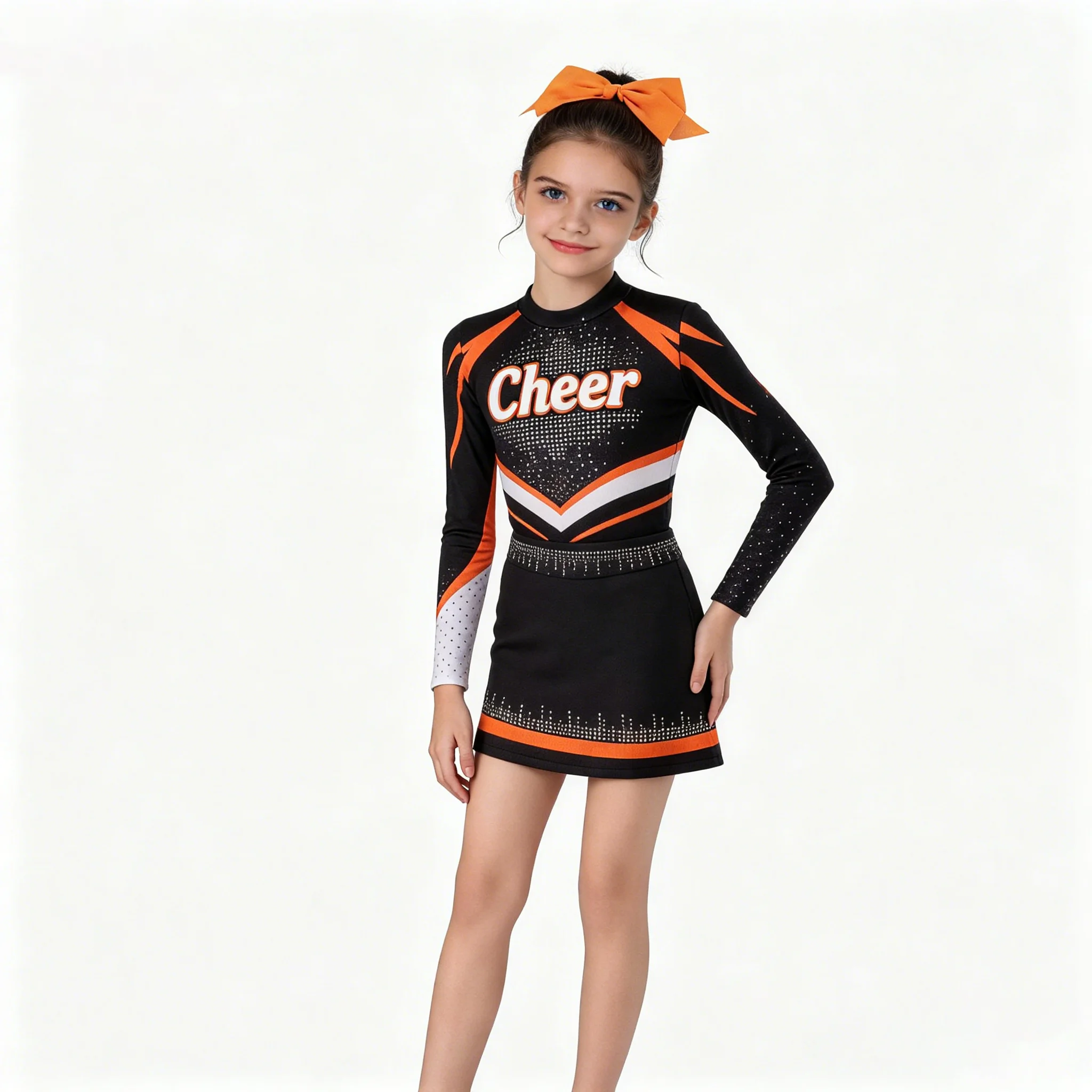 

Girls Cheerleading Costume Sparkle Rhinestone Long Sleeve Cheer Uniform Kids School Dance Stage Performance Competition Outfit