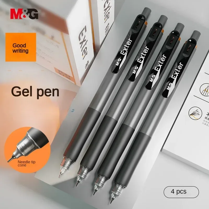 M&G 0.5mm 4pcs Black Push Action Gel Pen 7-Layer Ink Control Gel Pens Ultra Smooth Needle Tip Cone Ink Signature Pen