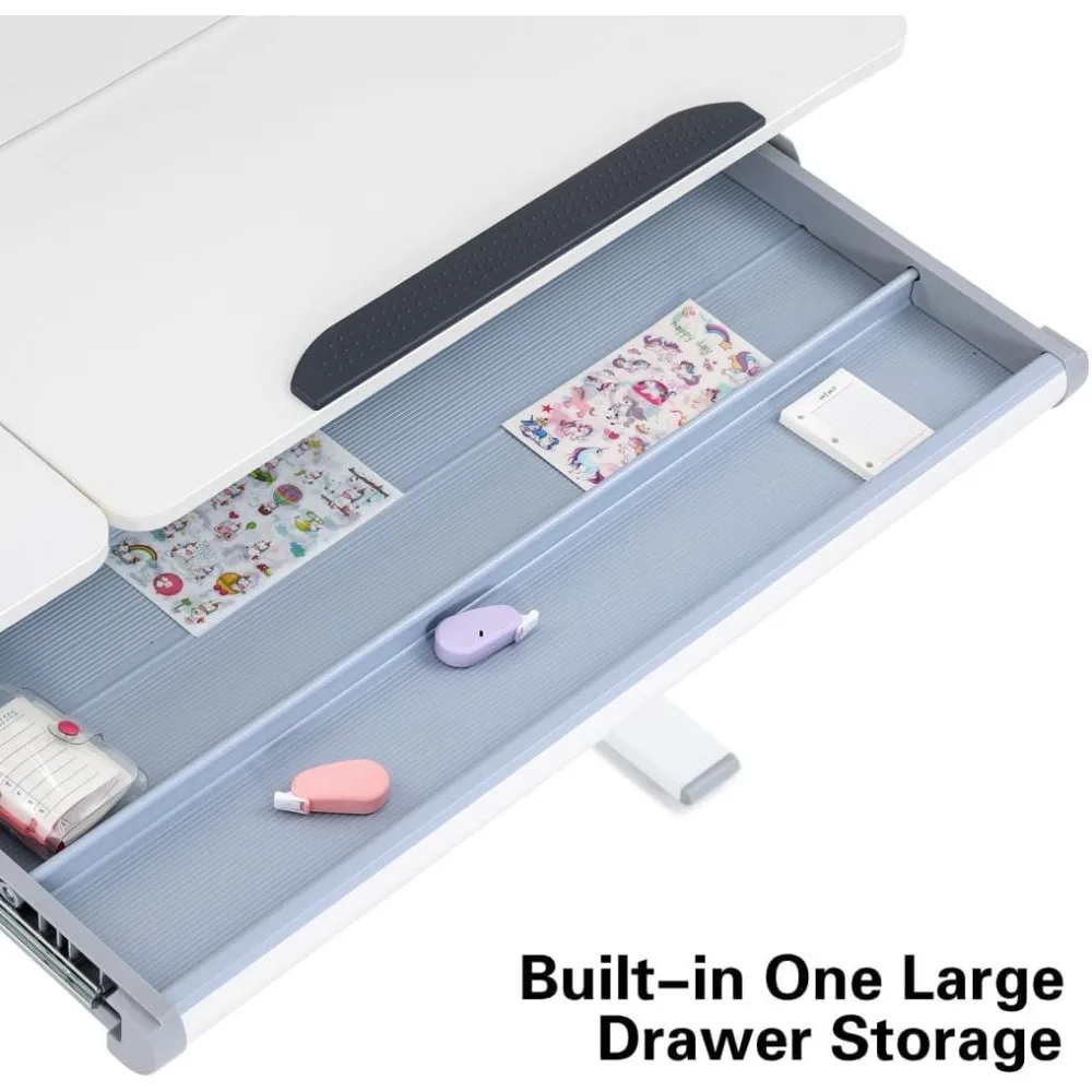 مكتب أطفال عريض قابل للتعديل بقدرة 39 بوصة مع سطح مكتب مائل وإطار فولاذي ودرج ورف كتب وطاولة دراسة للأطفال #5