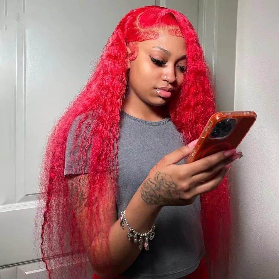 

Red Color Curly Wigs 13x6 HD Deep Wave Lace Front Human Hair Wigs 210% 13x4 Transparent Water Wave Brazilian Wigs For Women