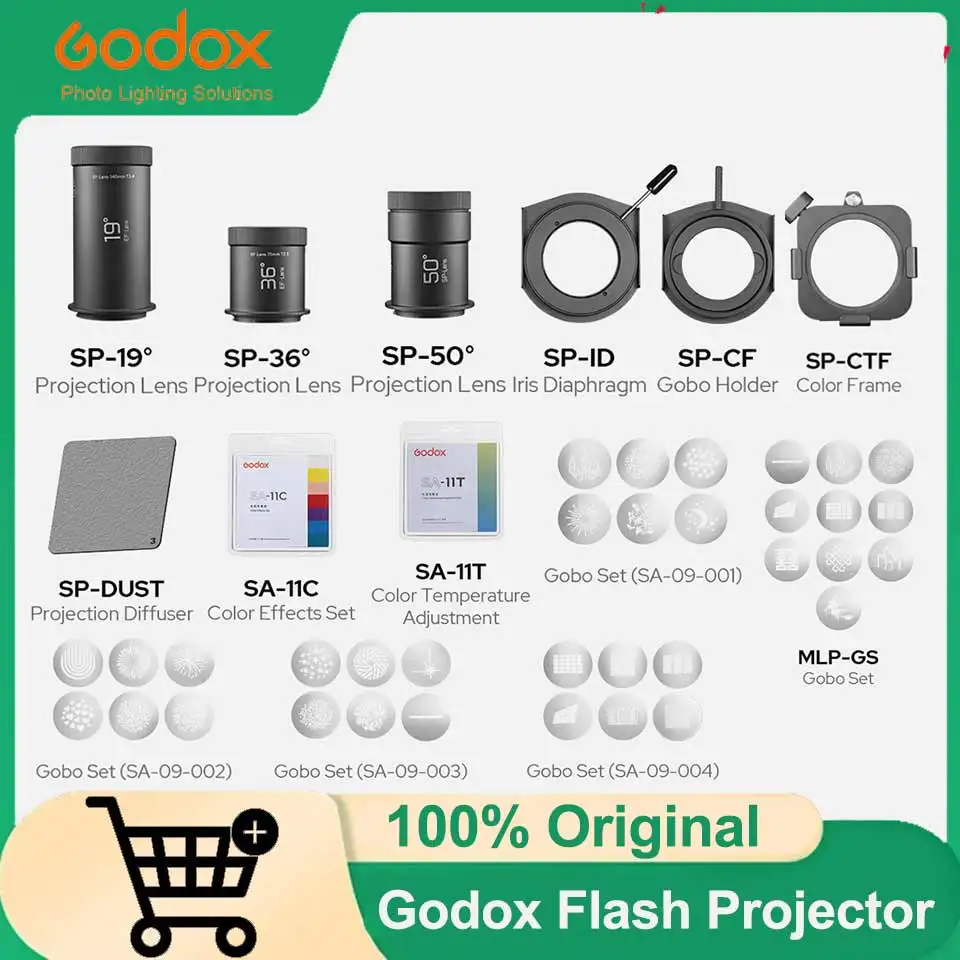 Godox SP-19° SP-36° SP-50° Projection Lens SP-ID Iris Diaphragm SP-CF Gobo Holder SP-CTF Color Frame SP-DUST Projection Diffuser
