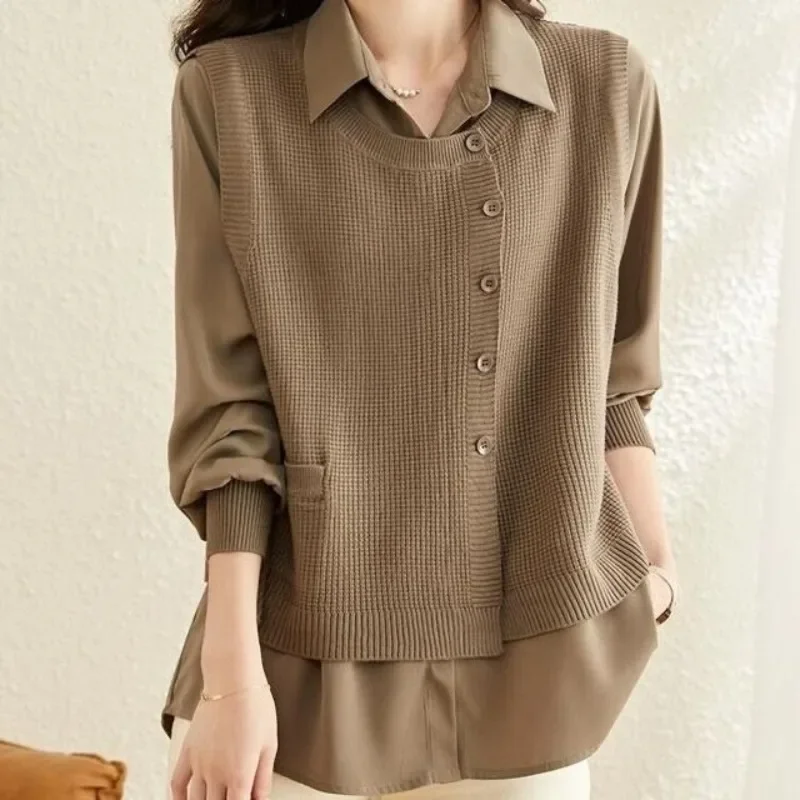 

Spring and Autumn Women's Polo Neck Solid Button Spliced Sweater Knitted Long Sleeve Shirt Fashion Elegant Casual Commuter Tops