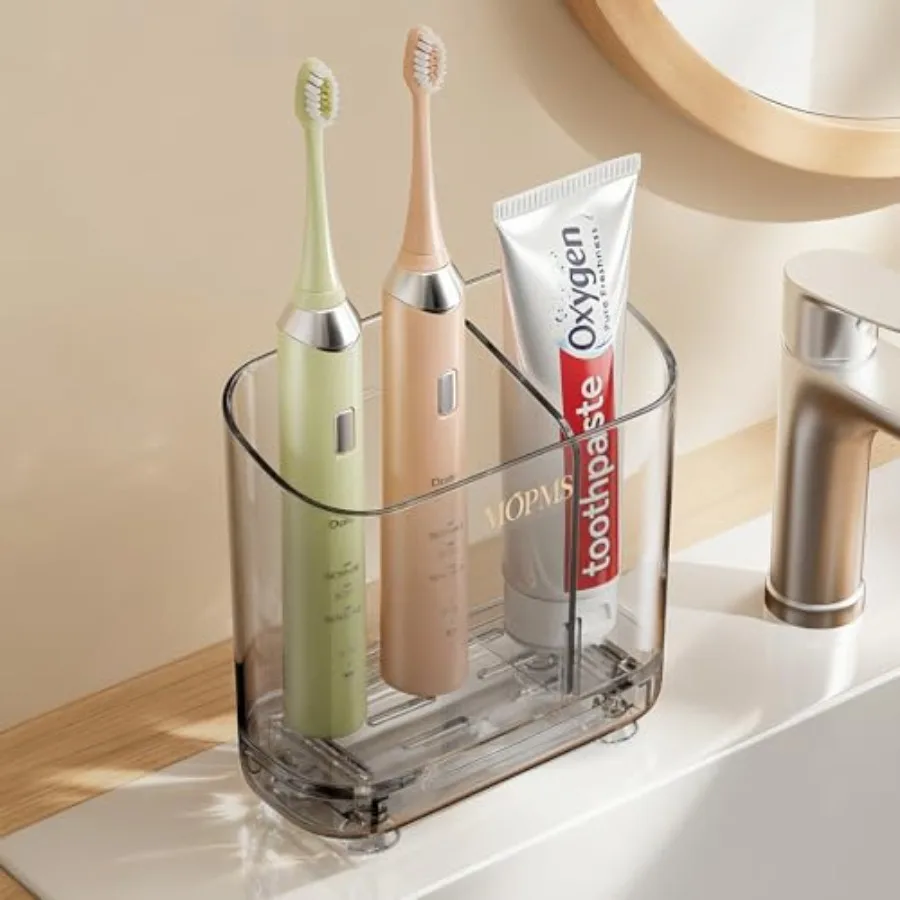 Toothbrush Holders with Drainage for Bathroom Countertop Organizer, 2 Slots Electric Toothbrush Holder Wall-Mount with Divider