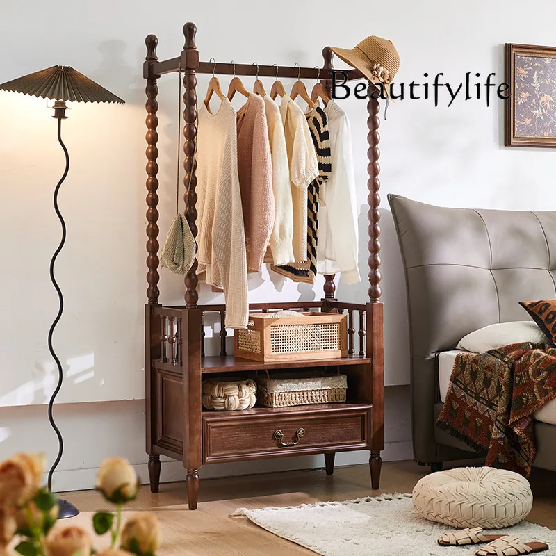 French retro solid wood hanger integrated multi-functional storage rack household bedroom with drawers floor coat rack