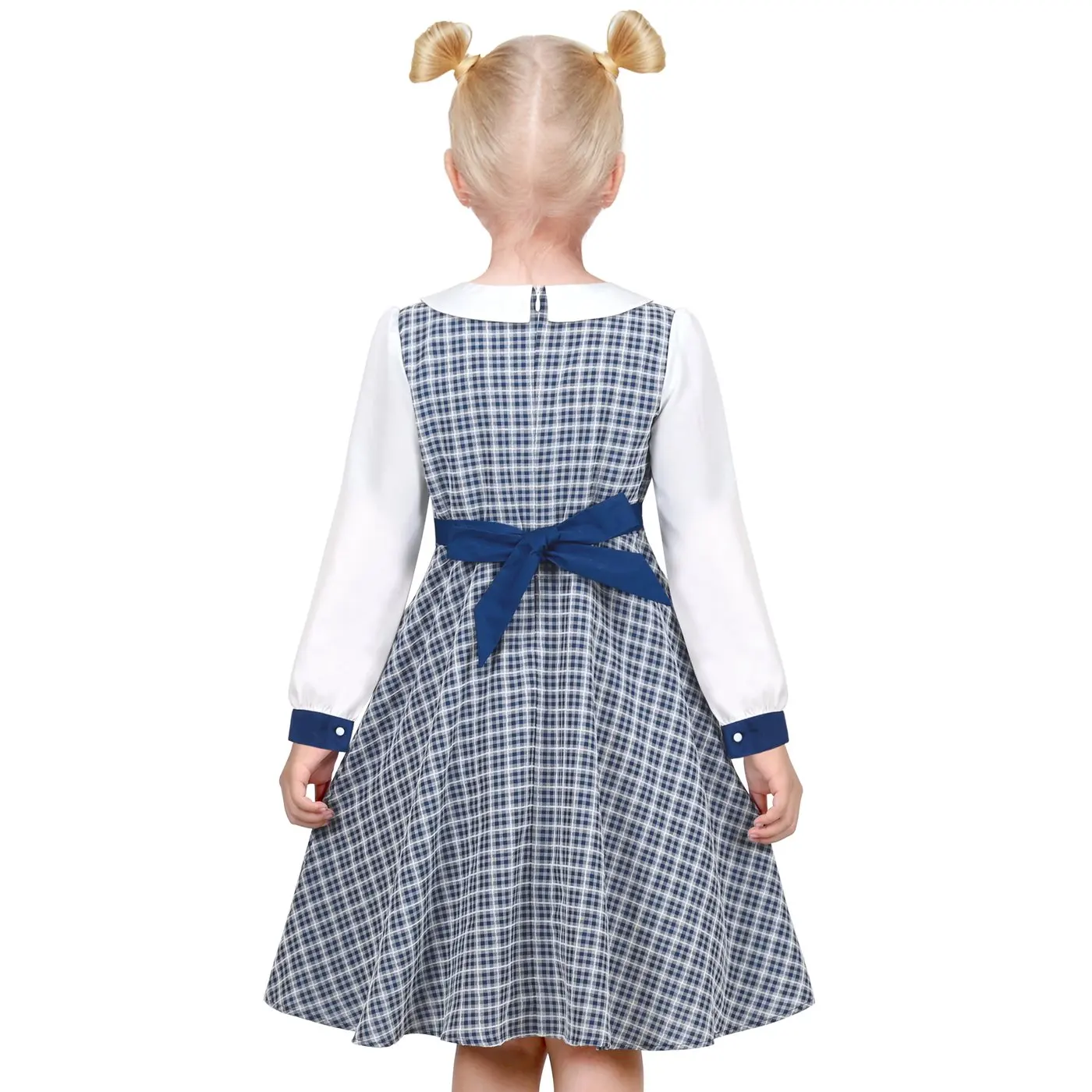 Girls Dress Blue White Pencil Tie Check Plaid School Casual Long Sleeve