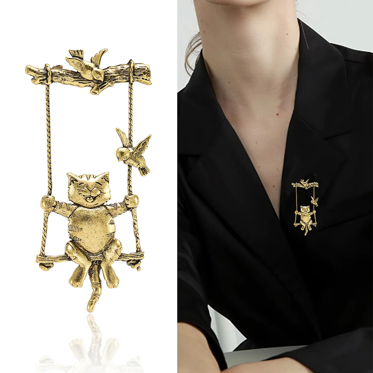 

Vintage Creative swing Cat Brooches for Woman Clothing Jewelry Girl Funny Cute Animal Cat Enamel Pins Bags Brooch Pin Gifts