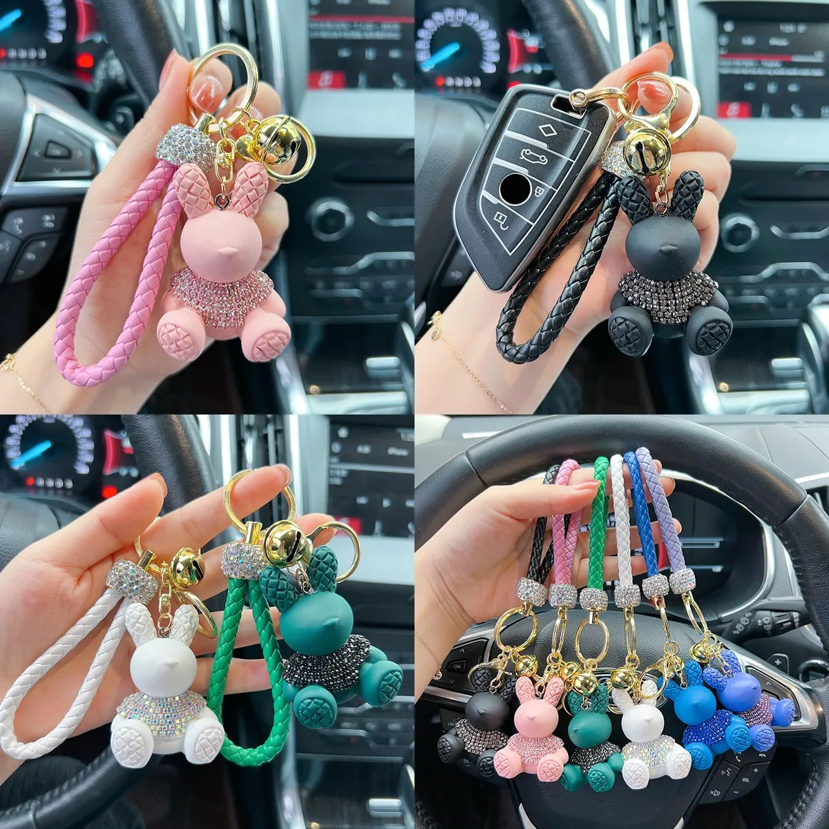 Cute Cartoon Rhinestone Rabbit Car Keychain with Braided Rope – Fashion Key Fob, Bag Charm, Couple Gift for Car Keys,