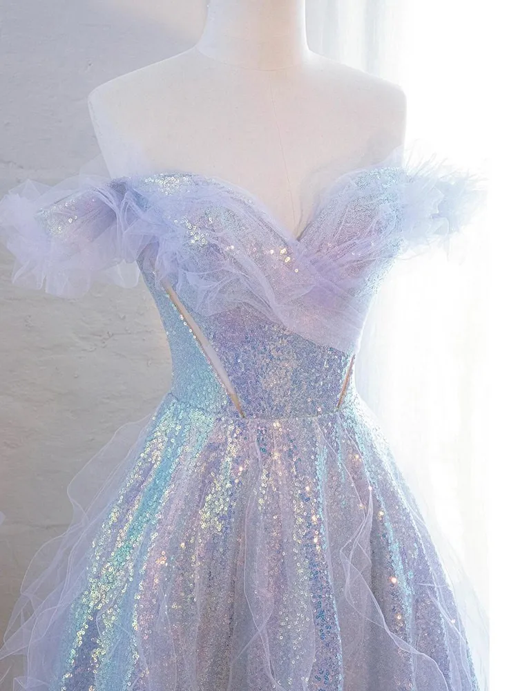 Purple light luxury and niche banquet host one-shoulder toasting dress with a sense of coming-of-age ceremony