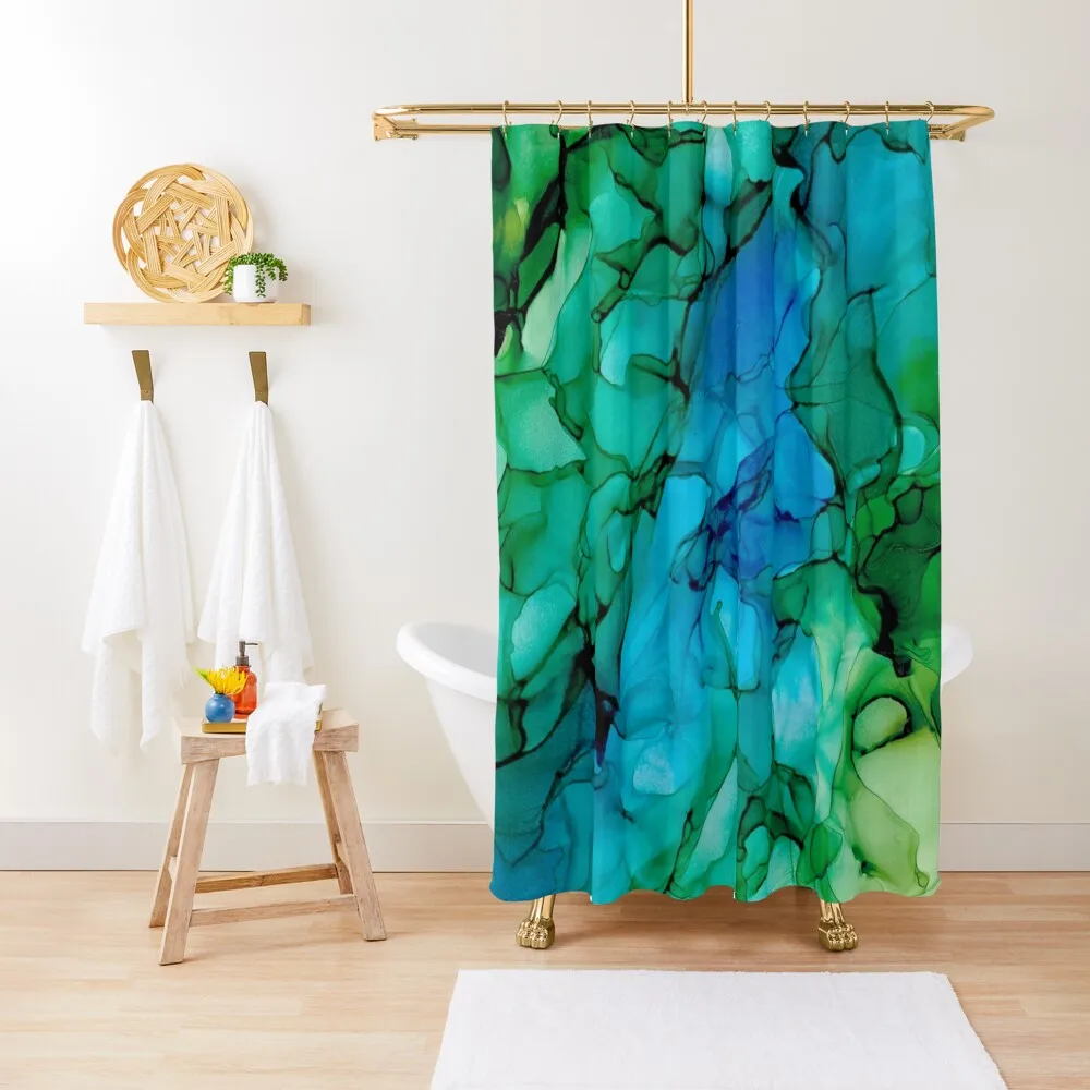 

Valley River: Blue and Green Original Abstract Alcohol Ink Painting Shower Curtain Anime Bathroom Curtain