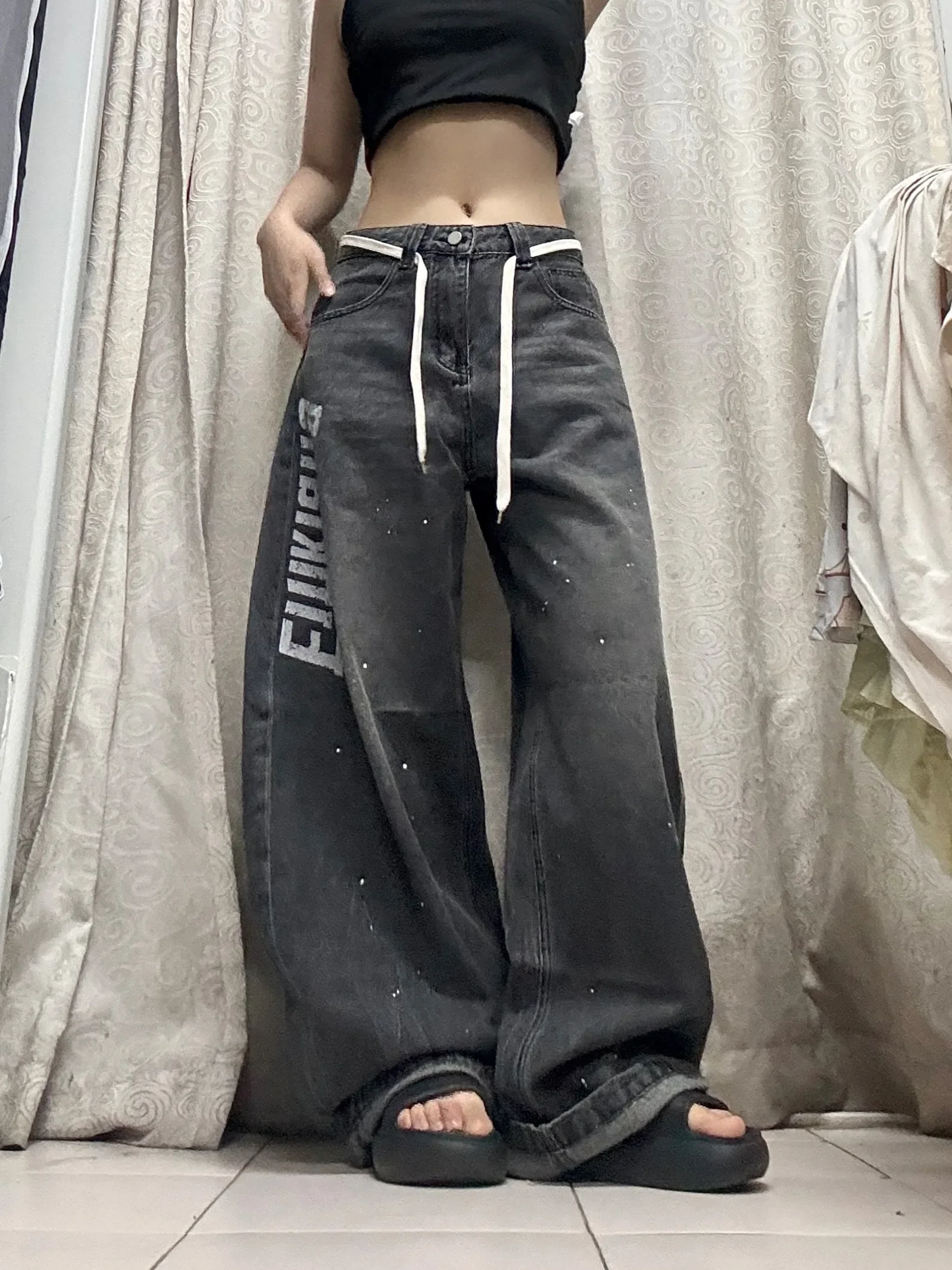 

Винтажные мешковатые женские джинсы с буквенным принтом Y2k, осень 2024, джинсовые брюки 2000-х годов, 90-е годы, Harajuku, большие брюки с изогнутым ножом, одежда