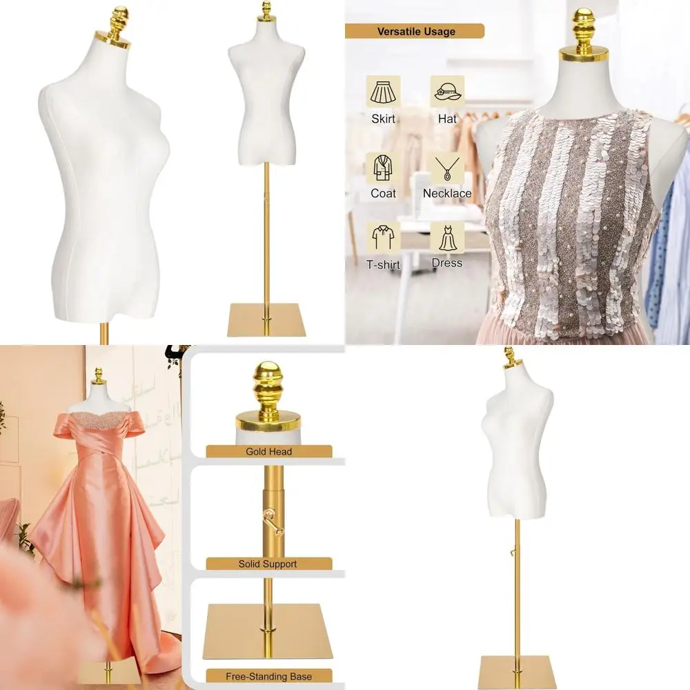 

Регулируемый по высоте женский манекен для одежды золотистого цвета с металлическим основанием, 40-73 дюйма, белый