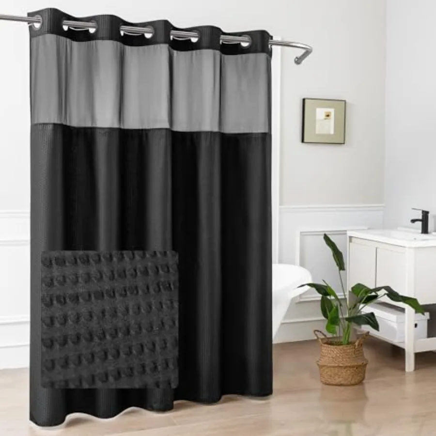 

No Hook Shower Curtain with Snap-in Liner Less Time On/Off, Embossed Waffle-Look Textured Fabric Shower Curtain for Bathroom, S