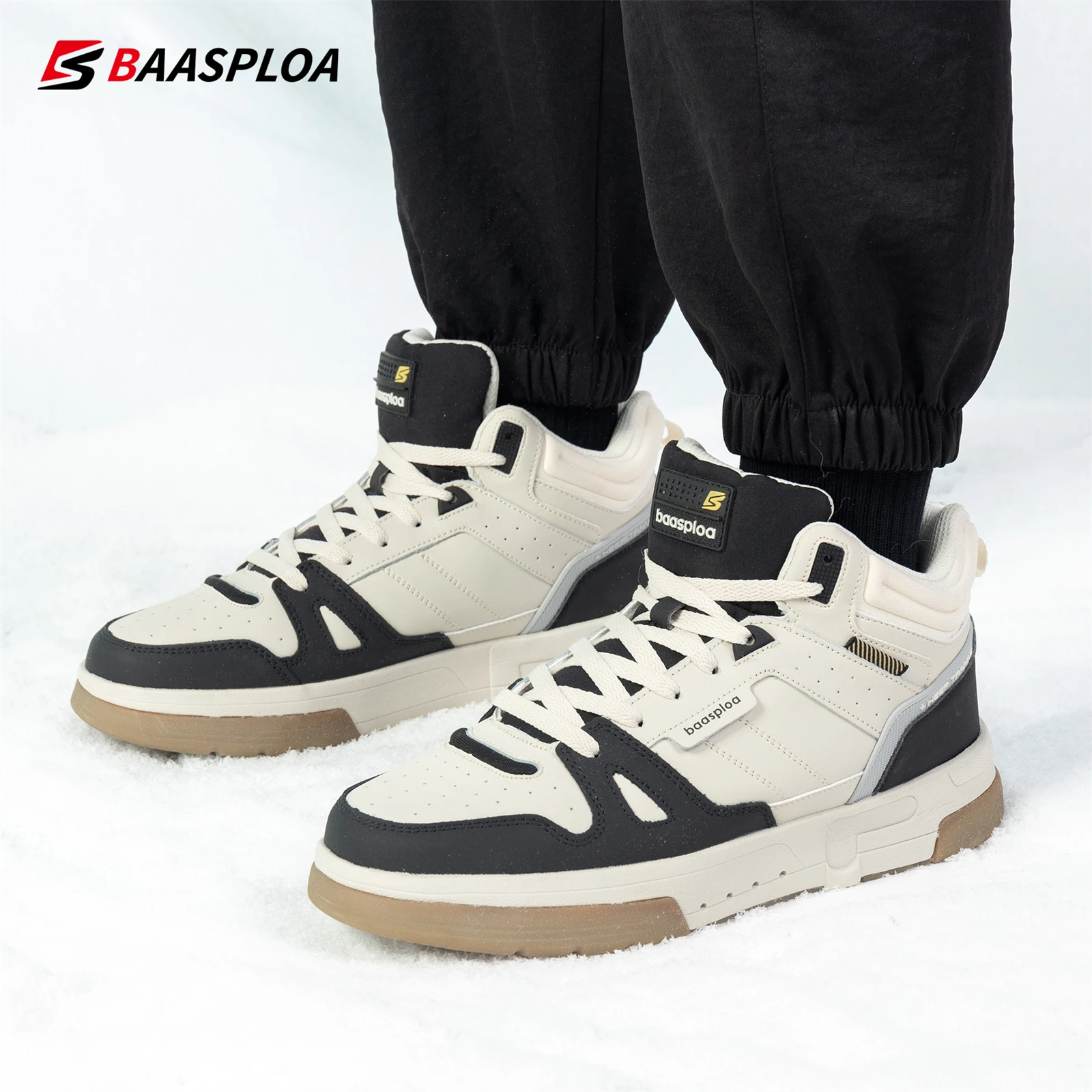 Baasploa Men Winter Cotton Shoes Outdoor Waterproof Non-slip Wear-resistant Sneaker Male Casual Lace-Up Plush Warm Walking Shoes