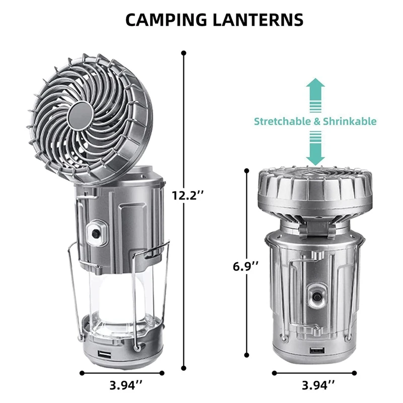 Solar Camping Lantern With Fan,Emergency Flashlight Charging For Phone,USB Rechargeable Portable Camping Fans Durable