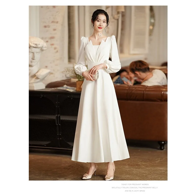 White Satin Evening Dress Long Sleeve Banquet Elegant Long Dress Evening Dress For Annual Prom Party Dress Customized