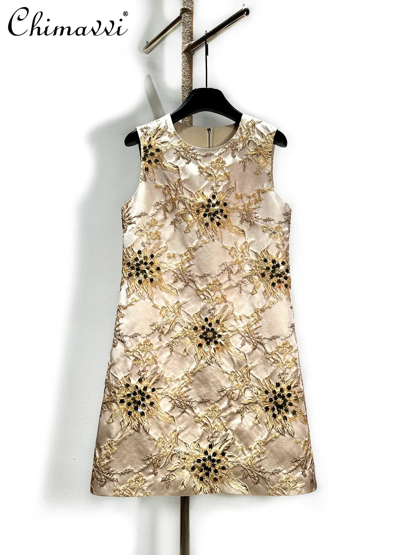 

Light Luxury Heavy Beaded Jacquard Casual Sleeveless Dress Women 2026 Summer New Fashion Round Neck Vintage Elegant A-line Dress