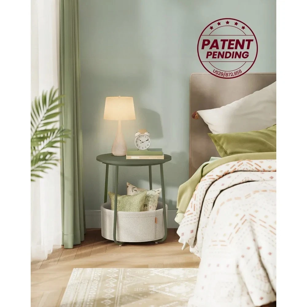 

End Table, Small Bedside Table With Fabric Basket, Modern Nightstand, Round Side Table, For Living Room, Bedroom, Forest Green