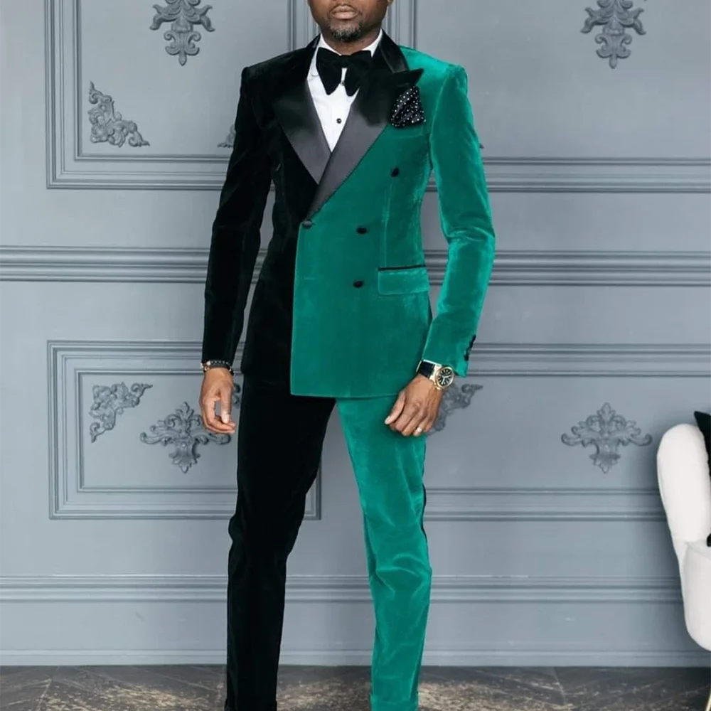 سليم صالح الرجال البدلة 2 قطعة أنيقة المخملية التباين اللون بلغت ذروتها التلبيب الزي مجموعة مزدوجة الصدر مصممة العريس بدلة الزفاف