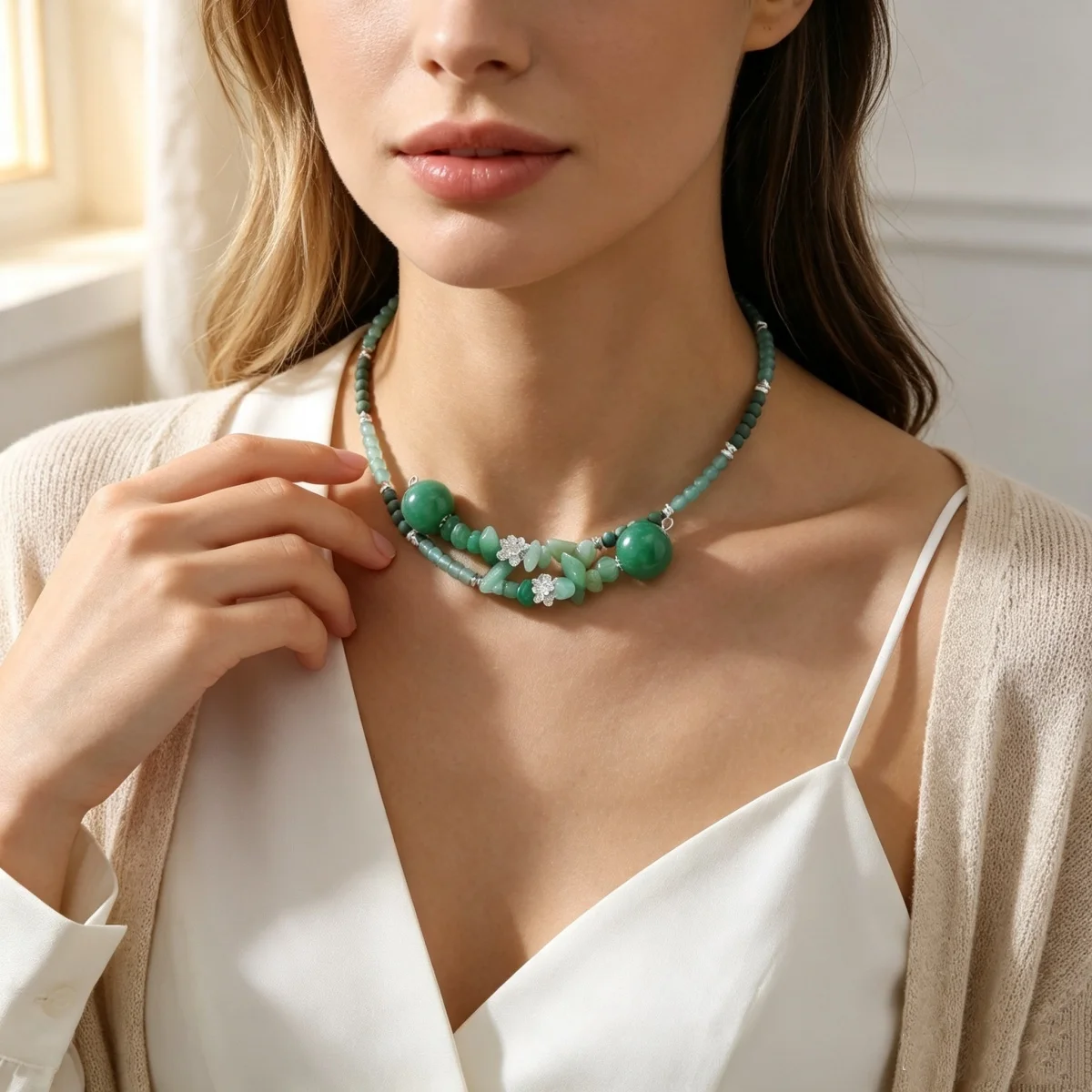 Vintage Ethnische Grüne Naturstein-Halskette mit Unregelmäßigen Perlen für Frauen und Männer, Chinesischer Stil, Silberfarbener Lotusblumen-Choker Schmuck – Detail 9