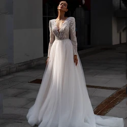 Eightre White Boho Wedding Dresses Long Sleeve Glitter Bride Dress Tulle A-Line Appliques Wedding Evening Prom Gowns Customized