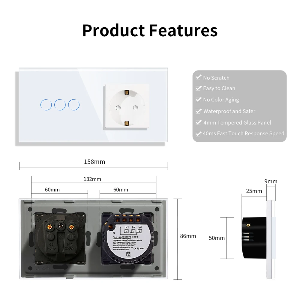 Touchimi Smart Touch Switches 1/2/3Gang Sensor Light Switch Work Smart Life Alexa App Plus Type-C USB Wall Socket EU Standard