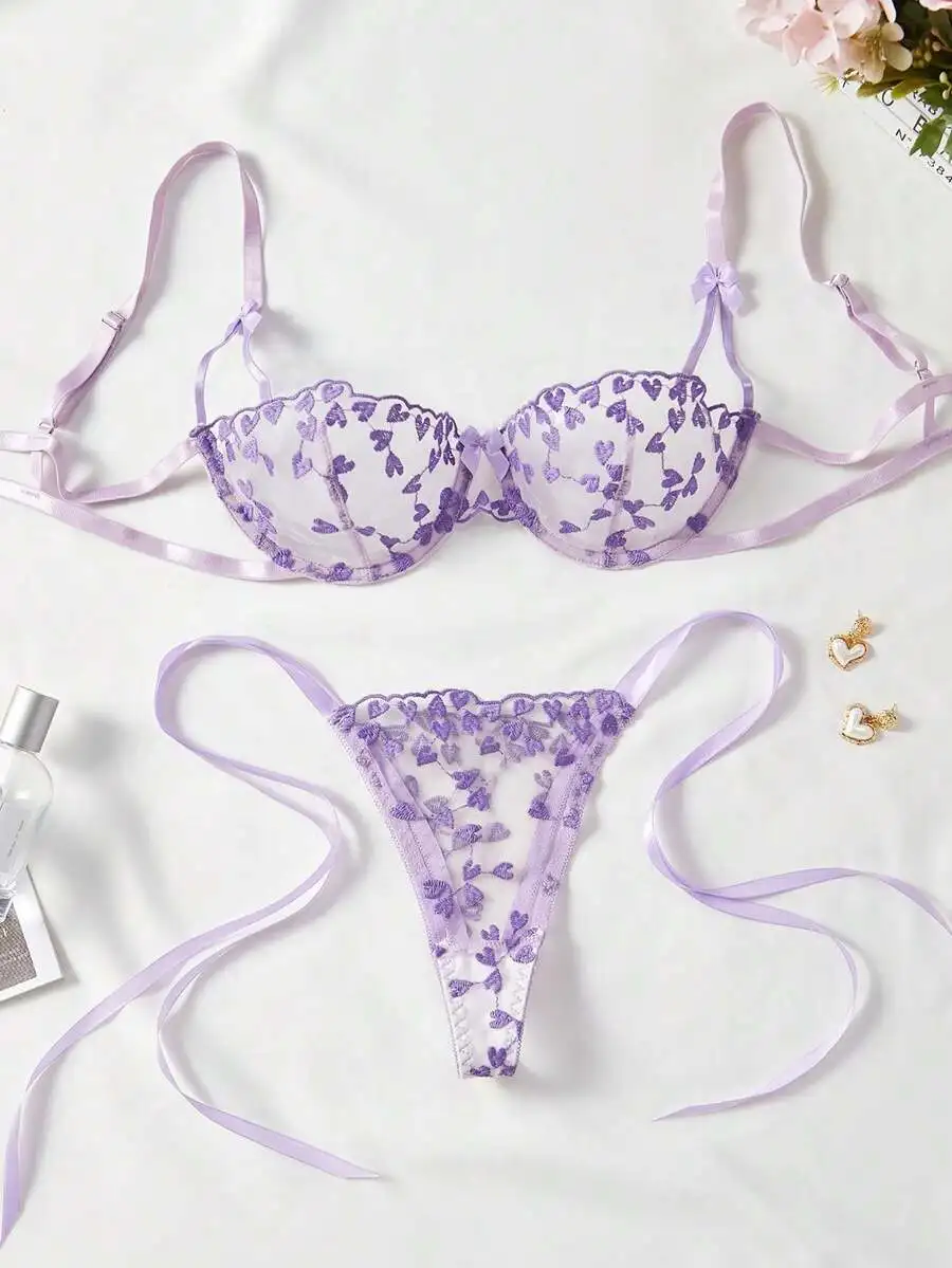 

Lavender Heart Embroidery Sheer Lace Lingerie Set for Women