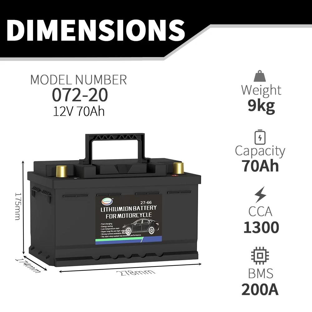 Car Battery 12V 70Ah CCA1300 LiFePO4 Start-stop Lithium Battery Instead Of Lead-acid Battery Car Starter High Power Rechargeable