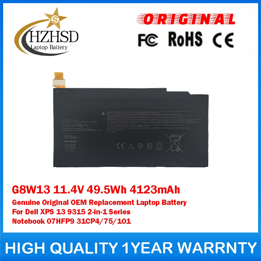 G8W13 11.4V 49.5Wh 4123mAh Genuine Original OEM Replacement Laptop Battery For Dell XPS13 9315 2-in-1 Series 07HFP9 31CP4/75/101