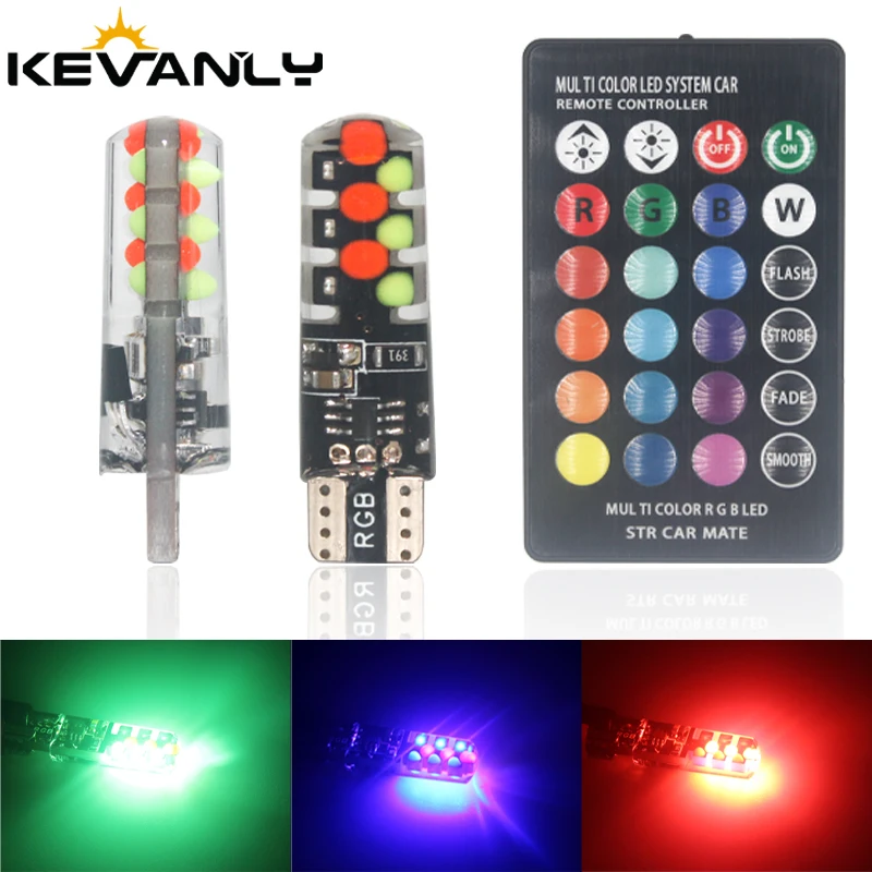 2Pcs/Sets T10 RGB W5W LED Bulbs COB 194 168 Remote Control Silicone Car Interior Reading Light Wedge Light Clearance Lamp