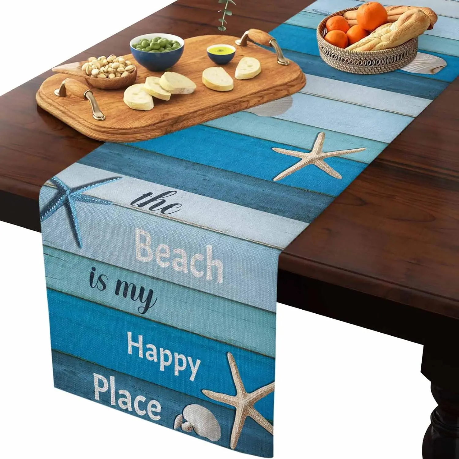 Summer Ocean Starfish Blue Wood Grain Linen Table Runner Table Decor Farmhouse  Kitchen Dining Table Runner Party Decorations